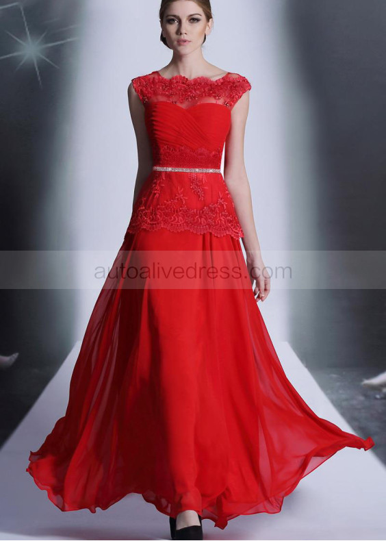 Beaded Red Lace Chiffon Flowy Evening Dress